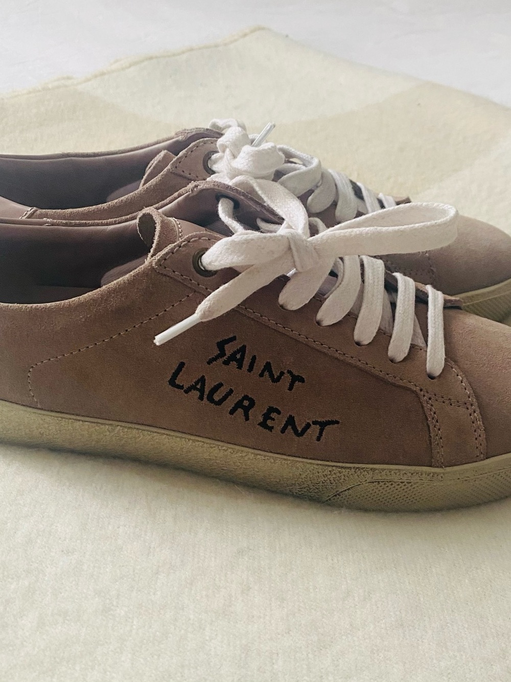 Saint Laurent Tan Suede Low-Top Sneakers with White Laces